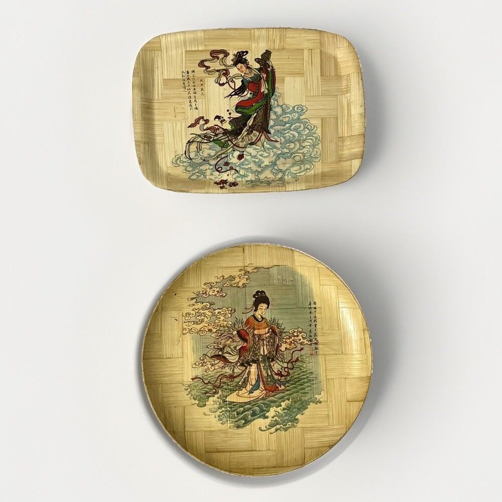 VTG MCM 2 Bamboo Chinese Historical Paintings & Portrait Plate & Platter Set